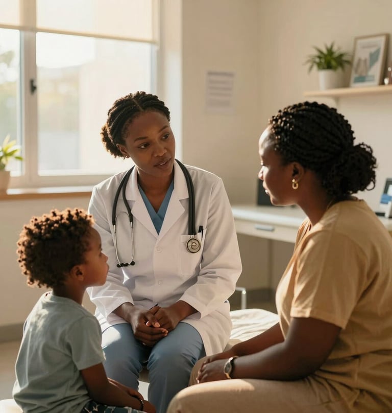 A compassionate female West African / Nigerian pediatrician consulting with a mother and child in a modern, welcoming clinic room at Mater Dei Specialist Hospital. Soft warm golden sunlight filtering through window, premium comforting medical environment.