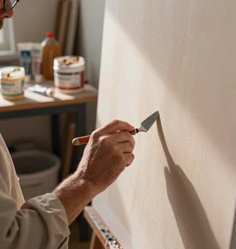 An artist's hands wearing a simple smock, working with a painting knife to refine a large canvas in a North American studio. The studio is filled with warm sunlight and containers of raw molding paste and acrylic tubes in earthy colors.
