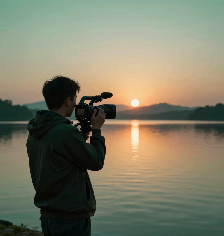 An action shot of a videographer on location, filming a sunrise over a peaceful lake. The palette focuses on the deep green #4C6A65 and the warm #A79E8B tones of the morning sun. Professional and inspiring.