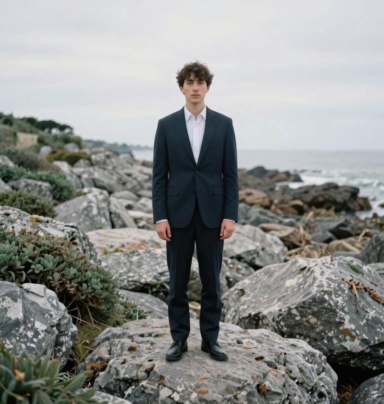 An artistic outdoor portrait taken on the coast of Brest. The subject is integrated into a landscape of grey rocks and muted sage green vegetation. High-end photography with a focus on harmony and calm.