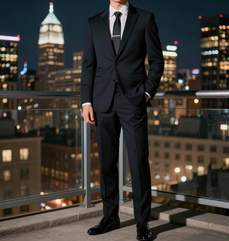 A person in formal evening wear standing on a balcony overlooking a North American / US city at night, sophisticated and artistic composition.