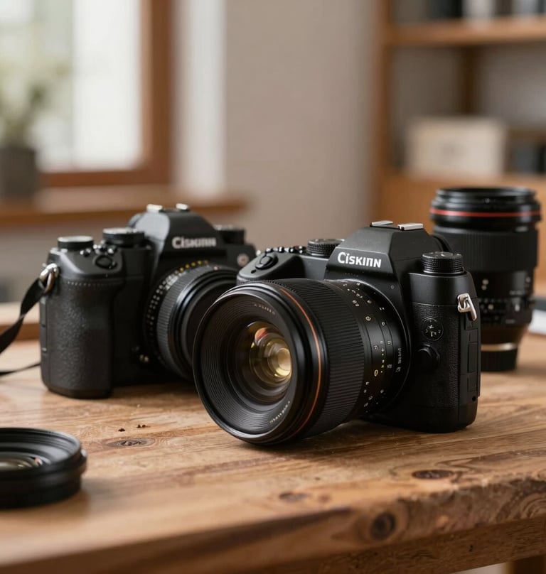 Artistic soft-focus shot of a professional camera and lenses resting on a wooden workspace in a sunlit Spanish atelier, elegant and quiet mood.