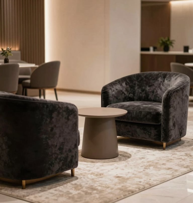 A high-end Brazilian executive lounge area featuring charcoal velvet armchairs, off-white rugs, and a taupe side table. Soft, warm architectural lighting highlights the refined design.