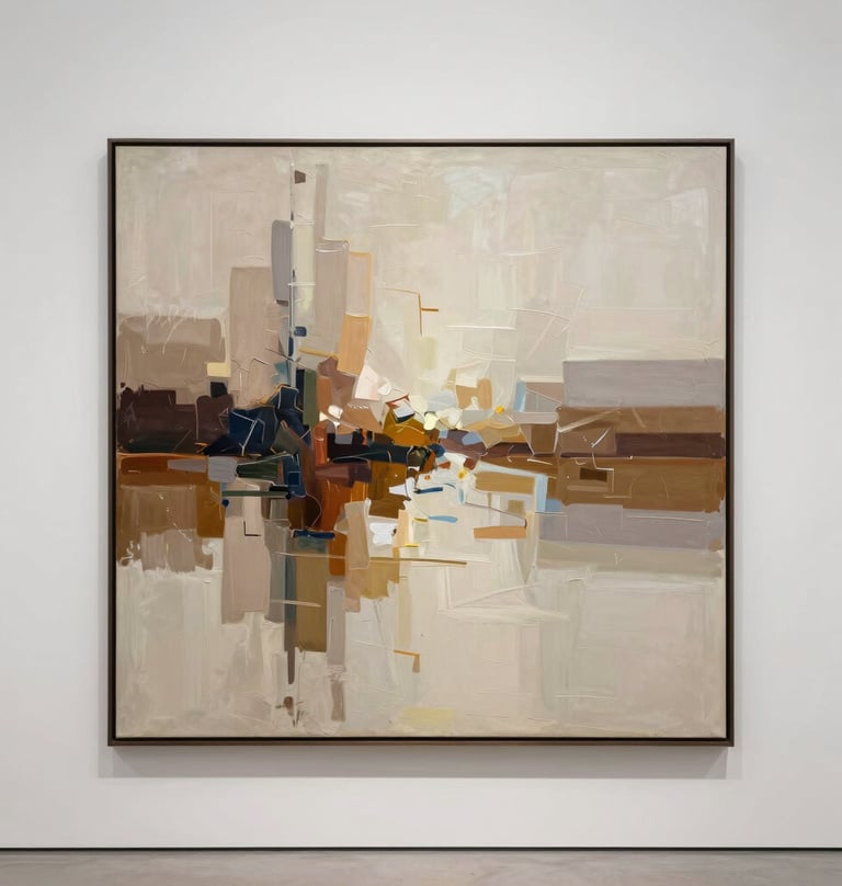 A high-end photograph of an abstract landscape painting displayed in a minimalist gallery setting. The painting features vibrant strokes of muted brown and warm taupe on a soft off-white background. The lighting is focused and clean.