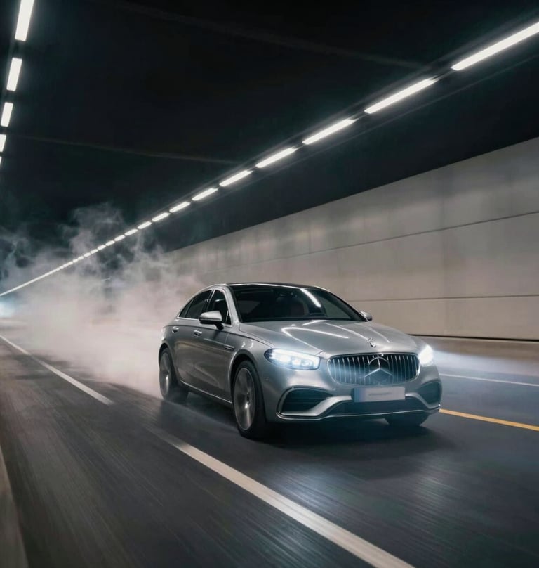 Dynamic motion blur shot of a luxury vehicle speeding through a tunnel, light trails in polar mist against a midnight slate background. Edgy and fast-paced.