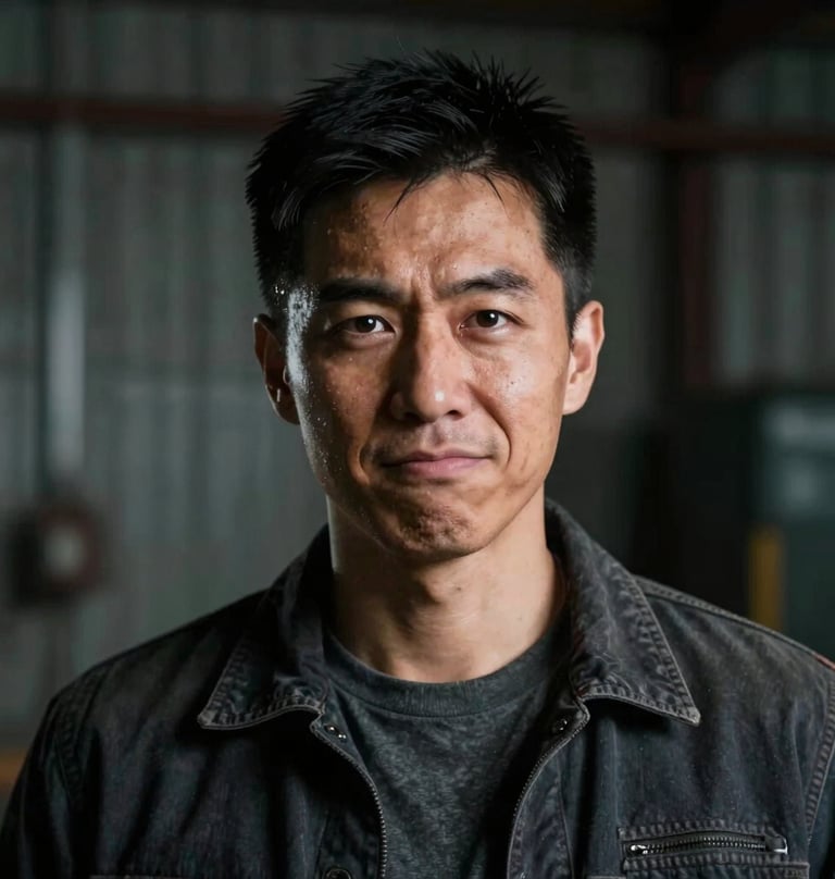Portrait of a professional looking directly into the camera with an irreverent, bold expression. Harsh lighting, high contrast, industrial background. Mood is 'in-the-trenches'.