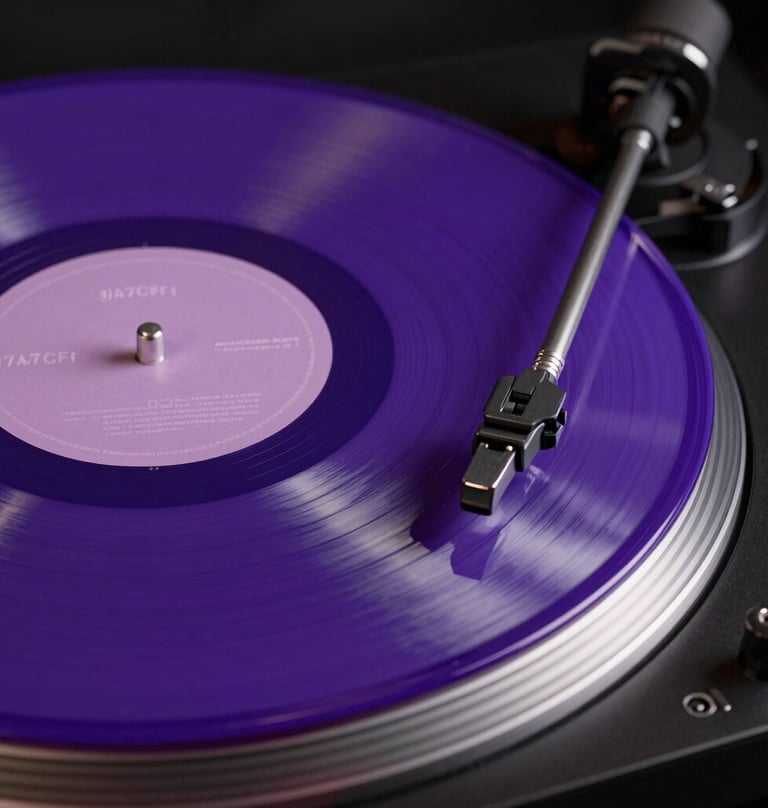 A close-up shot of a translucent vinyl record in #7A7CF1 purple, spinning on a sleek black turntable. Metallic #E0E0EB accents reflect the studio lighting. Sophisticated and modern.