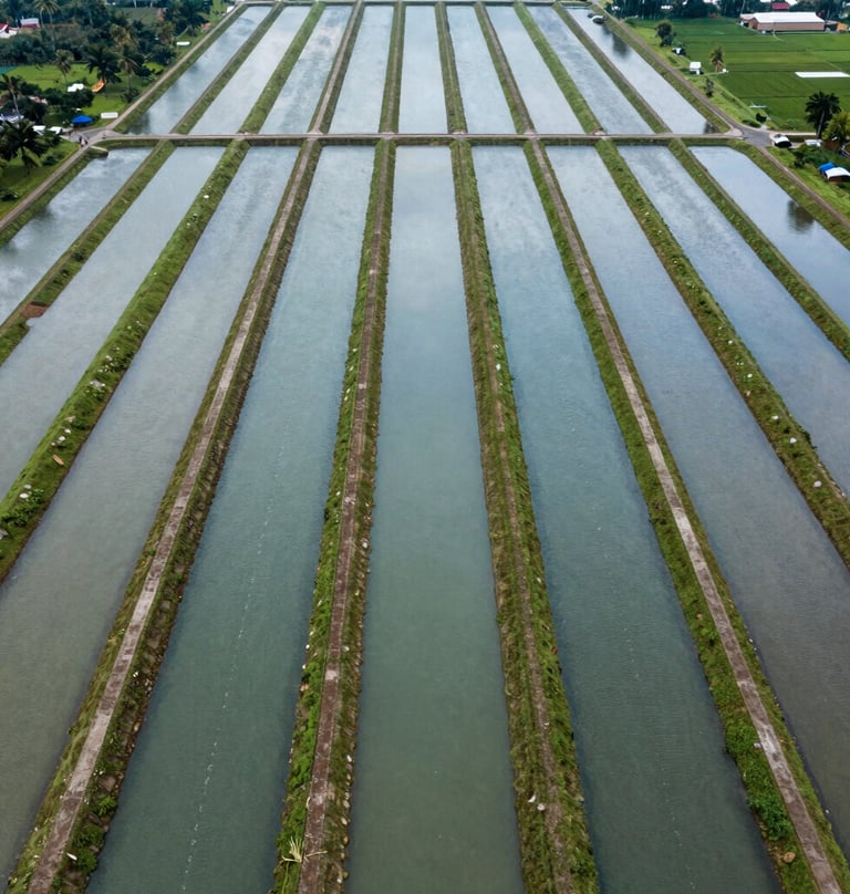 An aerial drone photograph of a vast, organized irrigation network in East Java, Indonesia. The pattern of the water channels against the green landscape is symmetrical and clean, highlighting modern civil infrastructure. The colors are dominated by soft blues and natural greens.