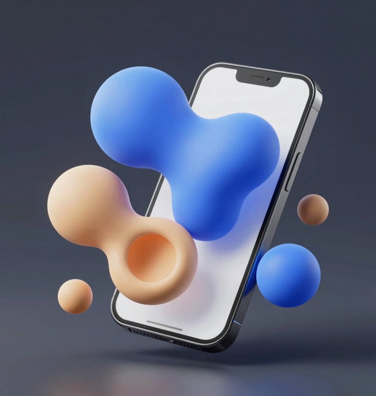A 3D render of abstract organic shapes in #A6D1FF and #FFC6A6 floating around a mobile phone, representing the hybrid physical-digital nature of the project.