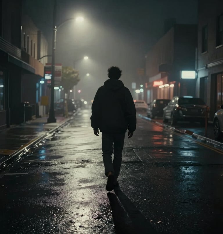 A wide, cinematic shot of a lone figure walking down a foggy, neon-lit North American street at night. The colors are dominated by deep black and charcoal with subtle off-white reflections on wet pavement, capturing a professional, artistic music video aesthetic.