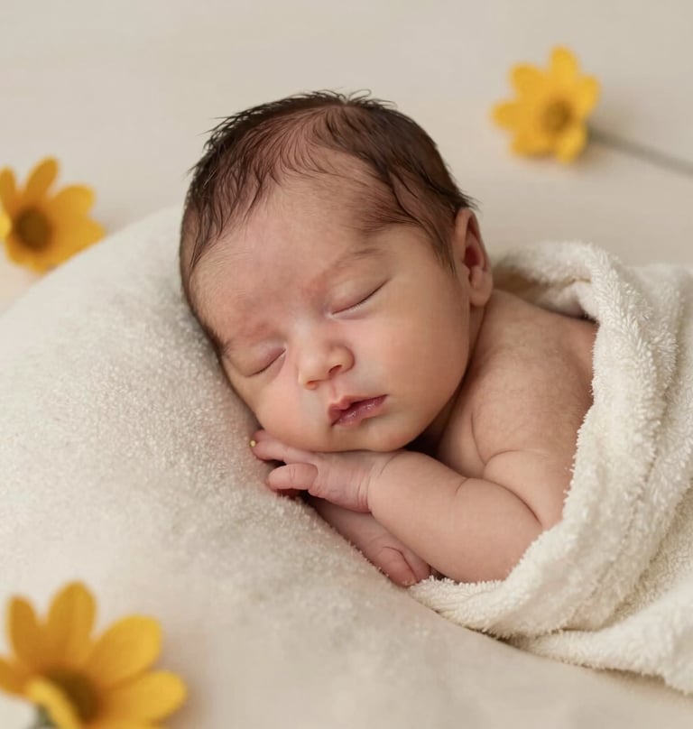 A candid and warm portrait of a Middle Eastern / Turkish newborn baby sleeping peacefully on a cream-colored soft wool blanket. Minimalist and clean studio setting with soft natural light and mustard yellow floral details.