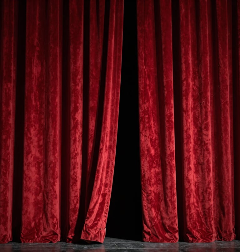 A cinematic shot of a theater's red velvet curtains slightly parted, with soft light spilling from the stage. The colors are deep red and dark gray. North American / US theater architecture.