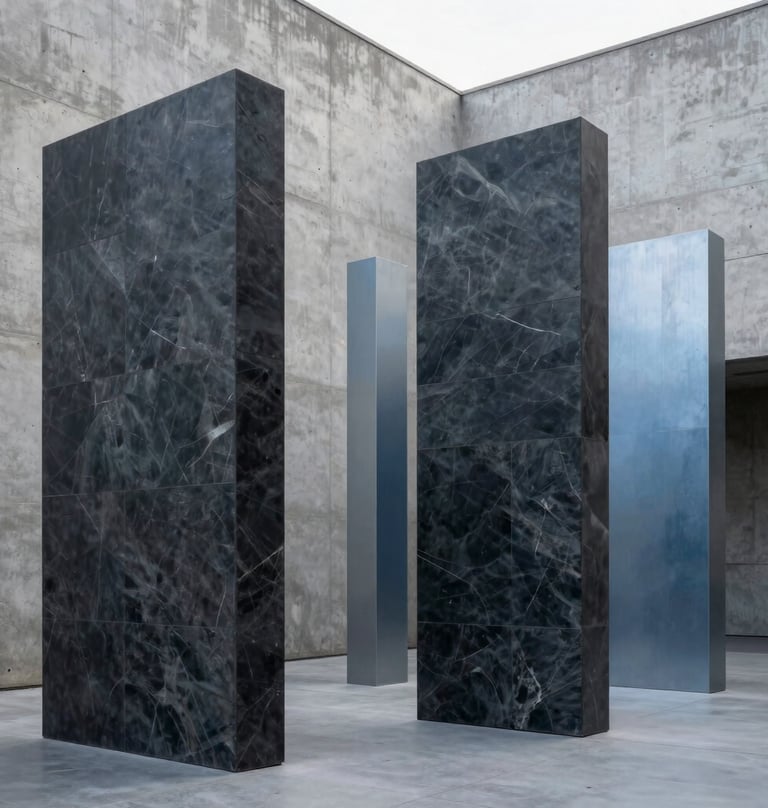 An outdoor contemporary art installation in a brutalist courtyard. Large geometric pillars in dark slate gray and light steel blue stand against a textured concrete wall. The lighting is low-key, dramatic, and very modern.