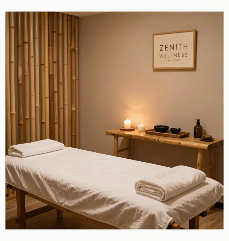 A serene massage room setup at Zenith Wellness in San Diego, California, showing clean bamboo elements, peaceful earth tones, and warm ambient light.