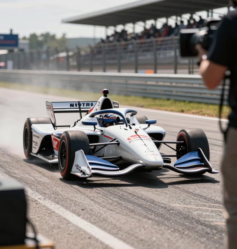 A behind-the-scenes photography perspective of an IndyCar speeding past a trackside camera position. Low-angle shot, focusing on the heat shimmer rising from the asphalt in a North American / US racing setting.