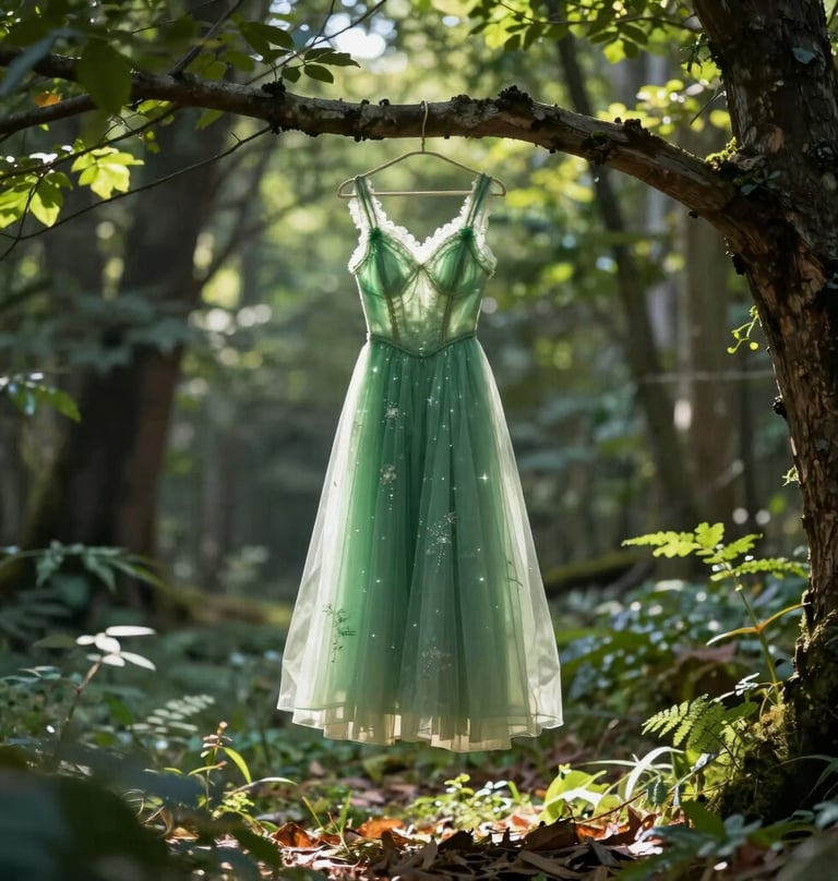 An enchanting scene of a forest green dress hanging from a low tree branch in a sunlit Western / Global clearing. The dress seems to glow with a magical, whimsical light.