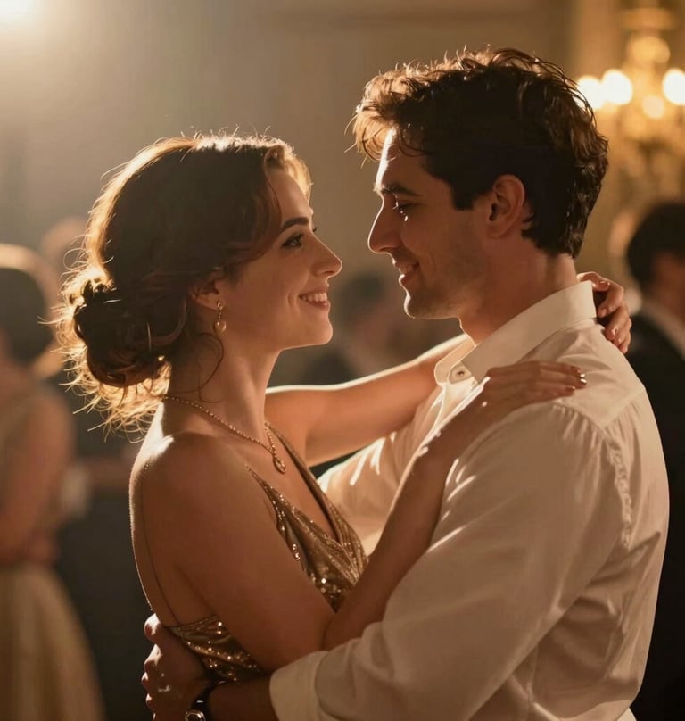 A cinematic shot of a couple's first dance, authentic joy on their faces, surrounded by a soft golden blur and sun flares.