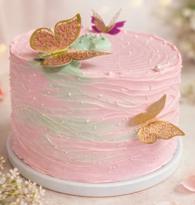 pastel color rosa con adornos de mariposa en color dorado y decorado con pequeñas perlas blancas