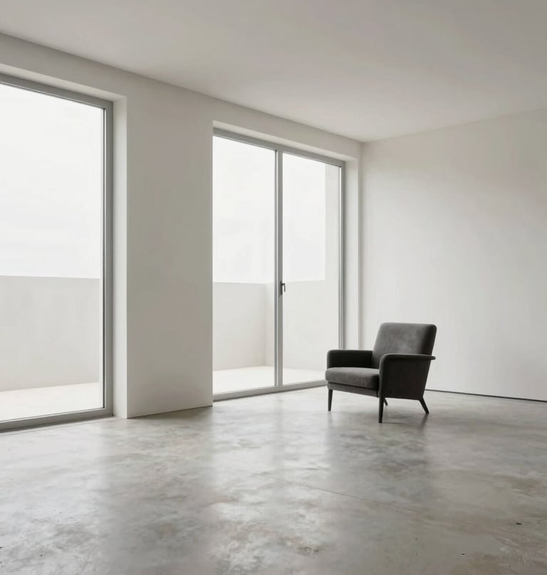 A wide interior photograph of a minimalist residential living room. It features floor-to-ceiling windows, polished concrete floors in light grey, and a single charcoal-colored armchair. The walls are an elegant off-white (#FBF9F6). The lighting is natural and serene, showcasing the volume of space. Style: Professional, high-end photography.