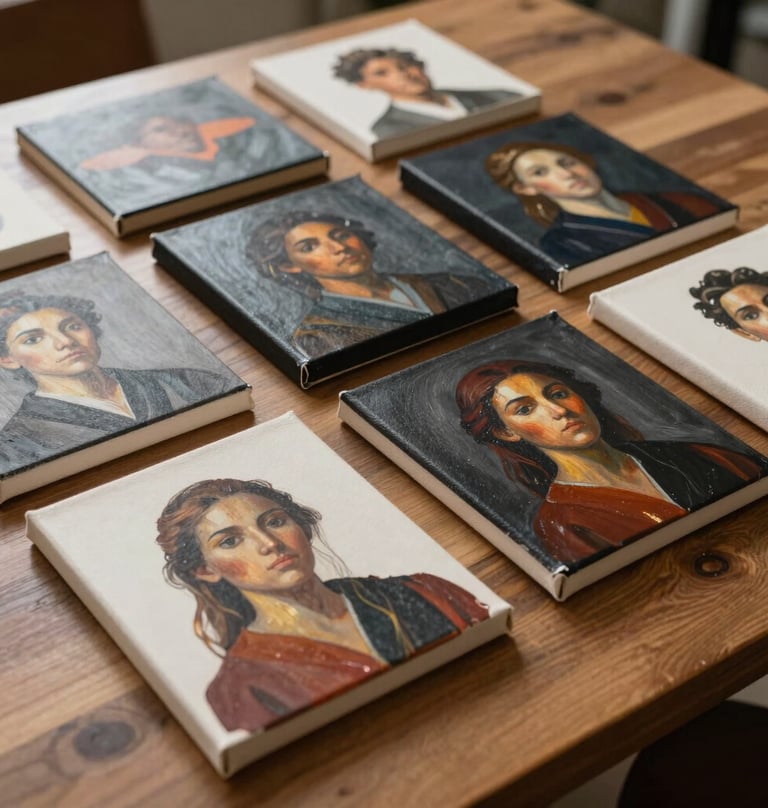 A professional photograph of a series of small, unframed canvas paintings arranged neatly on a wooden table. The art pieces feature vibrant yet sophisticated colors like warm charcoal and alabaster, showcasing a blend of academic discipline and creative spirit.