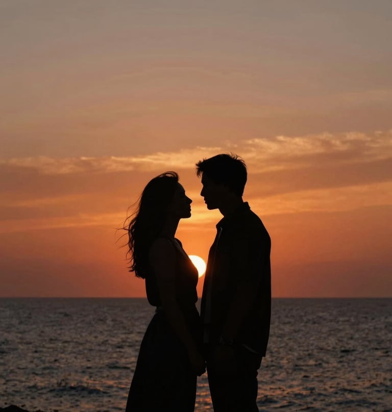 Silhouette of a couple against a Mediterranean sunset, deep anthracite shadows, warm orange and terracotta sky, cinematic composition, emotional storytelling in France.