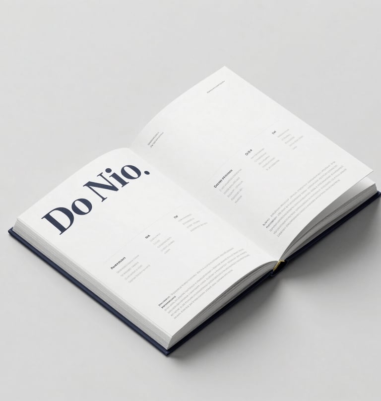 An open brand identity manual showing typography guidelines and color usage. The book is bound in a deep #0A1118 cover. The pages are crisp white with bold, minimalist layout design.