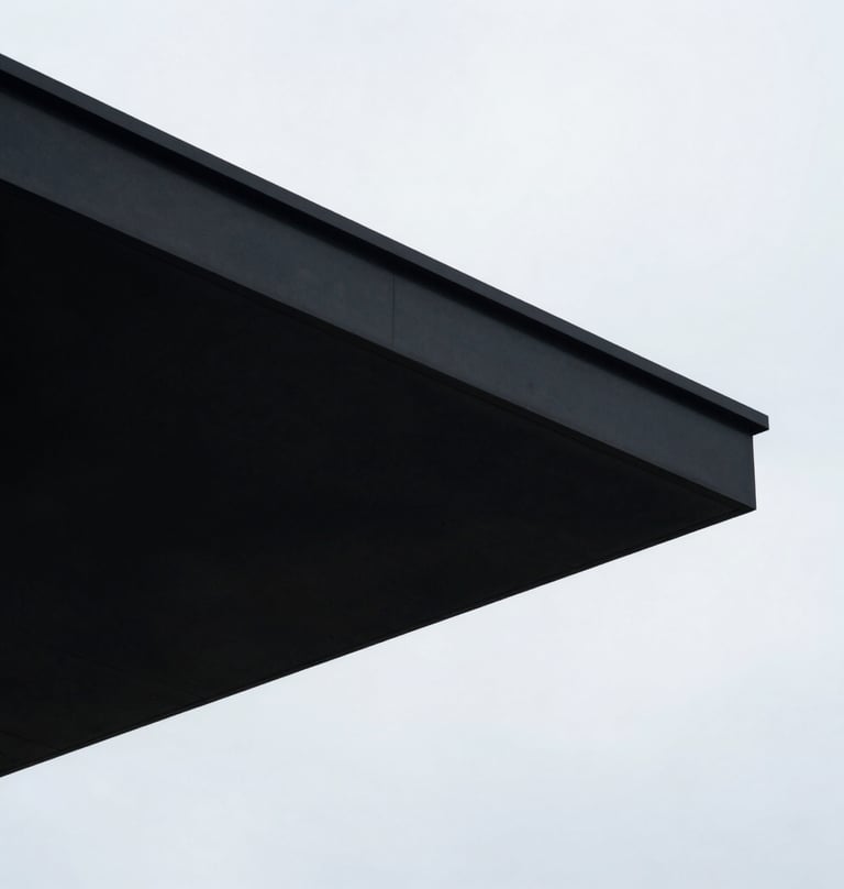 A low-angle shot of a cantilevered roof against a pale Ice White sky. The underside of the roof is in Midnight Black, showing a sharp geometric silhouette.