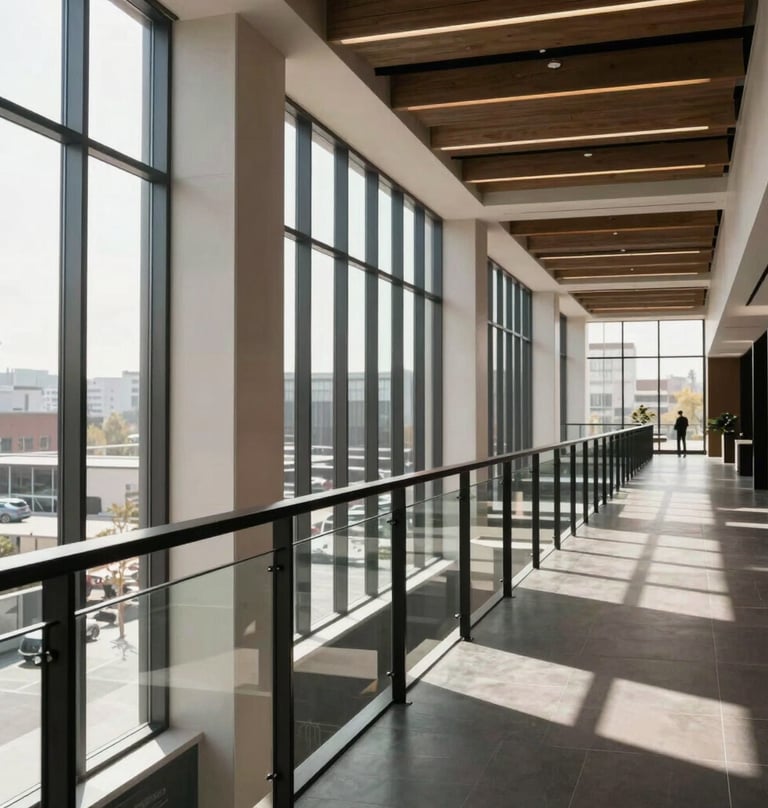 A long-perspective view of a luxury office lobby featuring linear black steel railings. The sunlight streams through large windows, highlighting the clean lines and industrial sophistication.