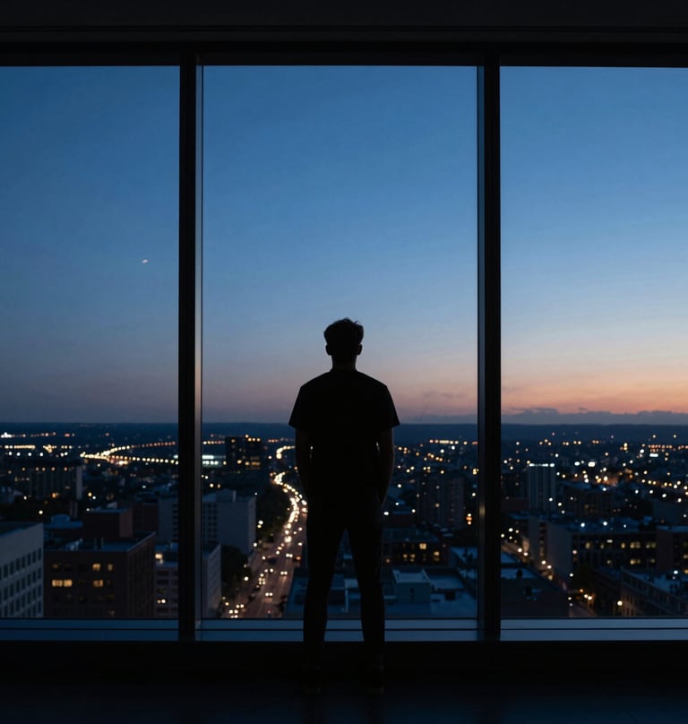 A person looking at a large scale window overlooking a North American / US cityscape at dusk, silhouetted against a deep blue and black horizon, minimalist composition.