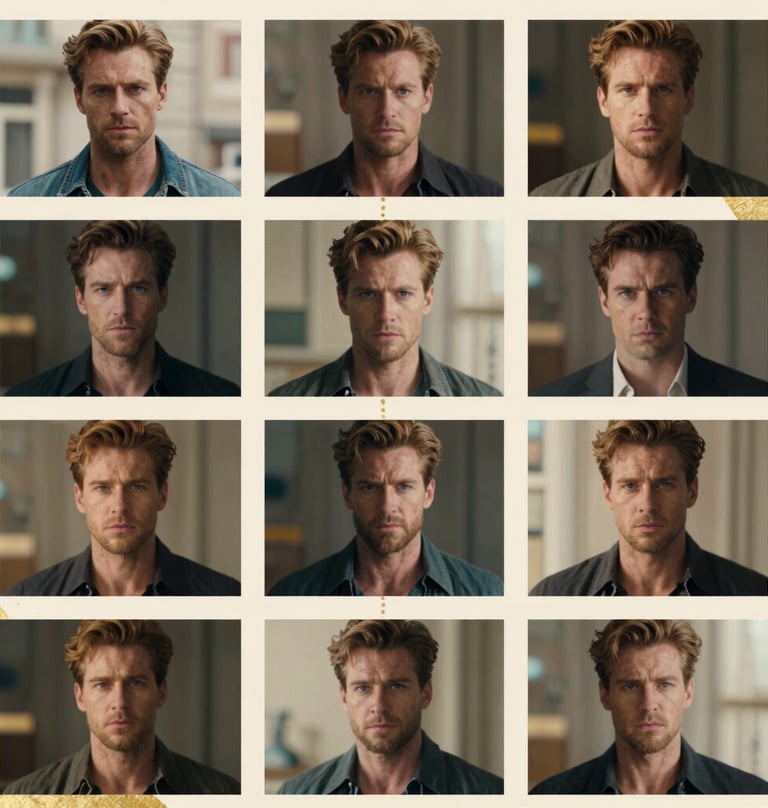 A collage style image featuring various character transformations of Frank Artus, showing his range from intense drama to action. Subtle use of gold textures (#A88B57) connects the frames.