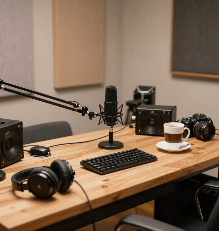 A wide shot of a messy creative studio desk with headphones, a microphone, and a cup of coffee. The walls are beige and the desk is a warm taupe wood, looking very lived-in.