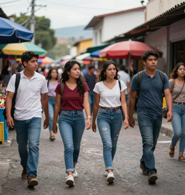 A dynamic wide shot showing a group of young people walking through a colorful Latin American / Hispanic street market, captured with a professional motion-blur effect, vibrant but professional color palette.