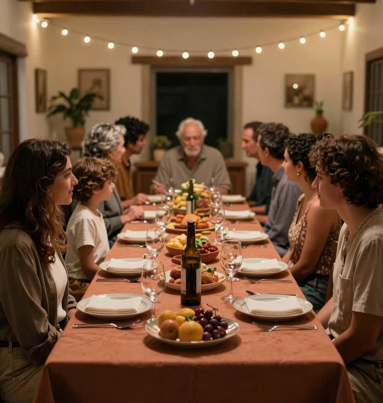 An authentic family interaction at a long dinner table under string lights. Cinematic composition, warm atmosphere, charcoal and terracotta tones, European Portuguese celebration style.