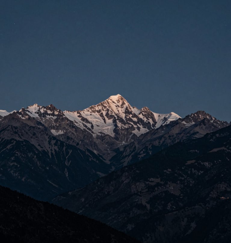 A cinematic landscape shot of the mountain range under moonlight. The stars are visible, and the overall mood is quiet yet powerful. The color palette emphasizes #1B263B and #415A77 with soft #E0E1DD light on the peaks.