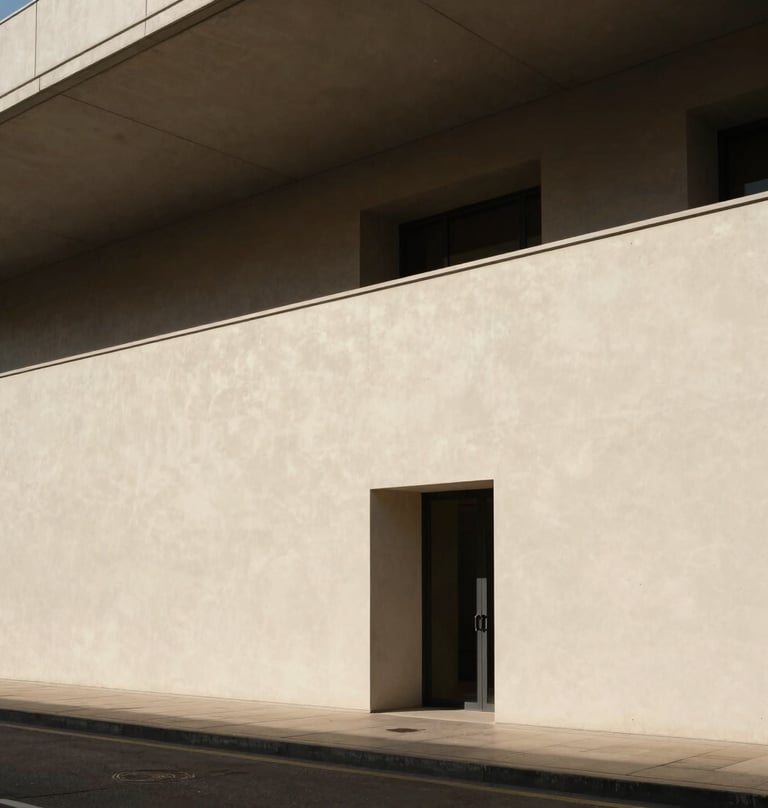 Una toma de gran angular que muestra un entorno urbano minimalista con líneas arquitectónicas limpias, cielo despejado y una paleta de colores crema y marrón oscuro, atmósfera profesional.