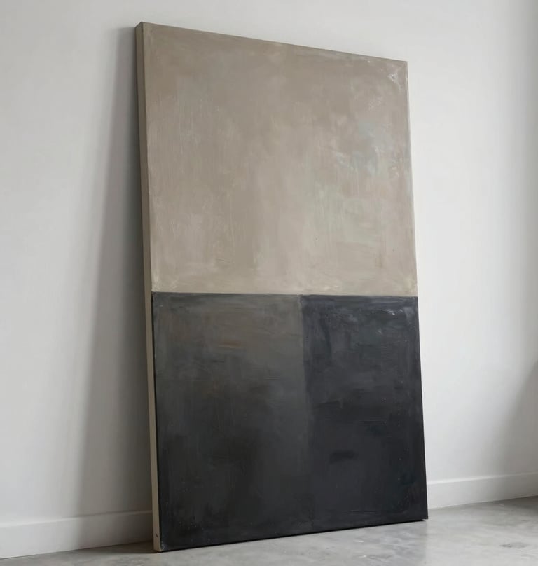 A vertical abstract painting leaning against a minimalist white wall in a sunlit artist's studio. The artwork displays a gradient from deep charcoal at the bottom to a hazy muted taupe at the top. The overall mood is sophisticated and peaceful.