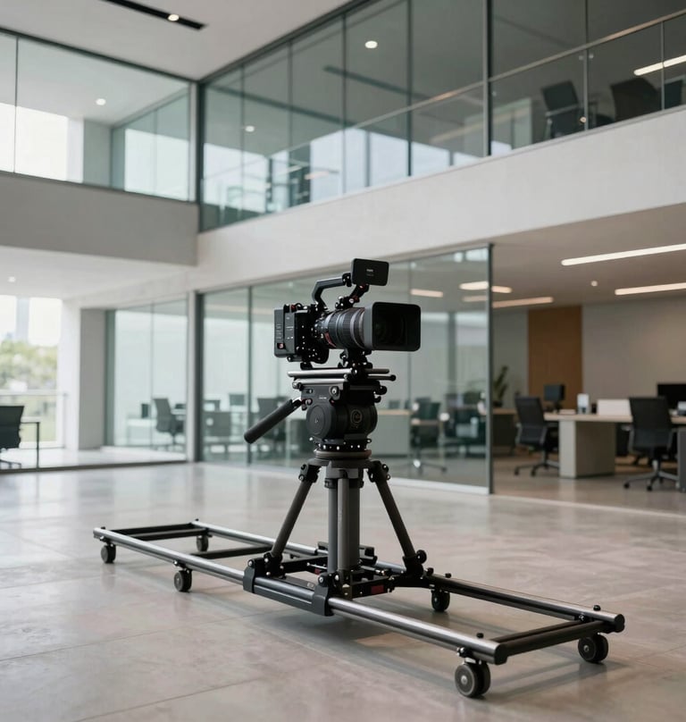 A creative wide shot of a professional camera rig on tracks inside a modern office building in Brazil. Minimalist glass and concrete architecture, sharp contrast, professional filmmaking gear.