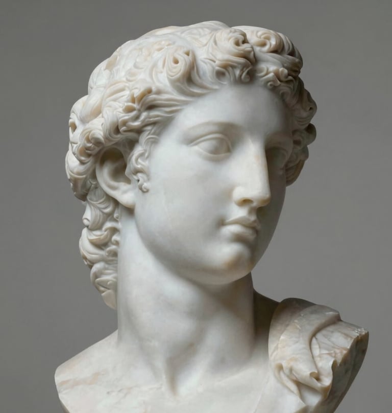 A sophisticated close-up of a marble sculpture under studio lighting, showing high-quality detail and texture. The composition is clean and minimalist, using a subtle color palette of #F5F4F0 and #6B625E to evoke a sense of professional artistry.