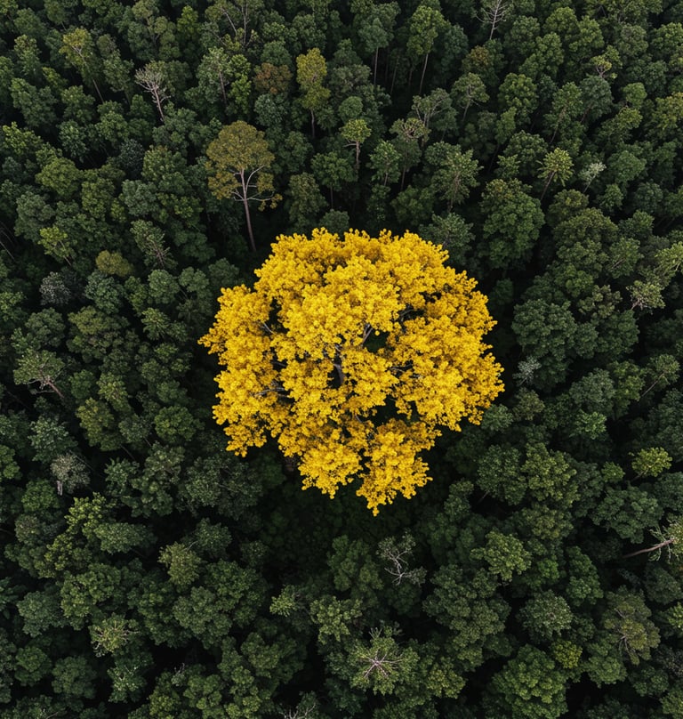 Ipê amarelo florescendo em destaque em uma floresta verde, uma Estratégia de Narrativa de Marca