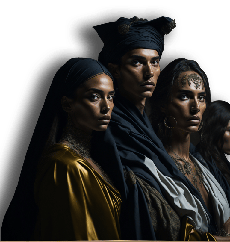 a group of people standing in front of a wooden table