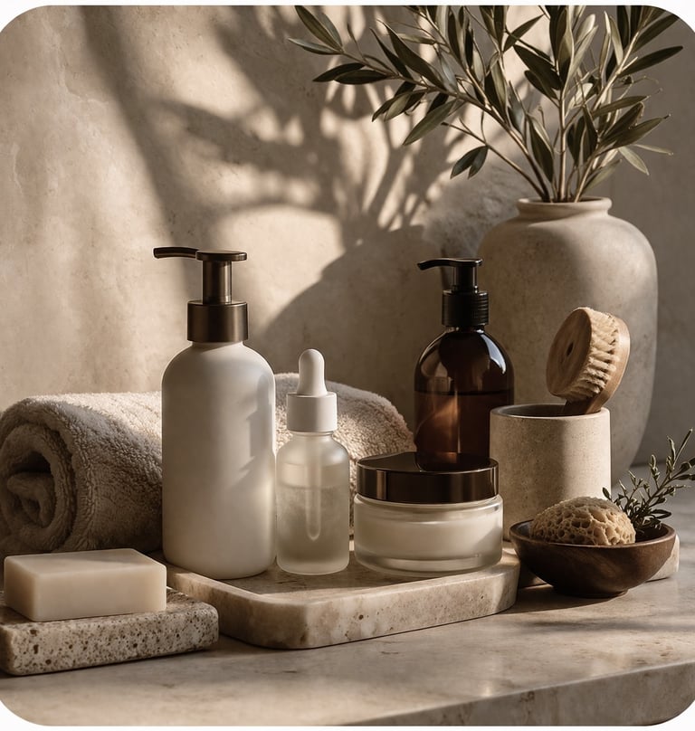 Luxury skincare products arranged in soft natural light.