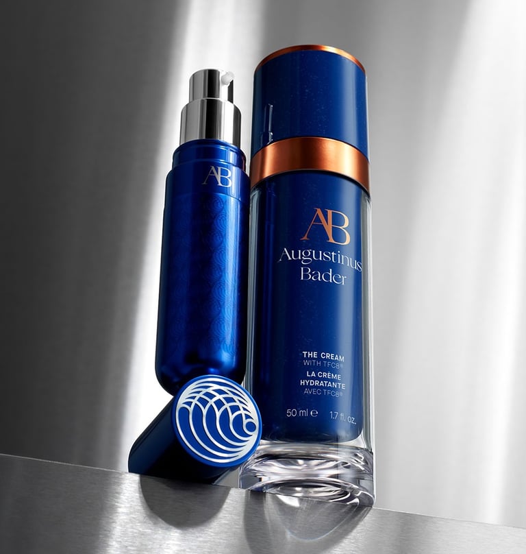 Augustinus Bader blue skincare bottles luxury beauty.