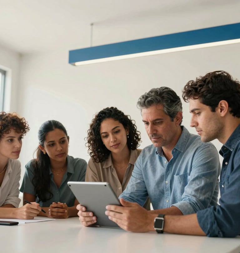 A group of professionals collaborating in a bright, modern South American / Brazilian workspace. They are looking at a tablet together, expressing a sense of trust and teamwork. Clean aesthetic, soft off-white background with steel blue highlights.