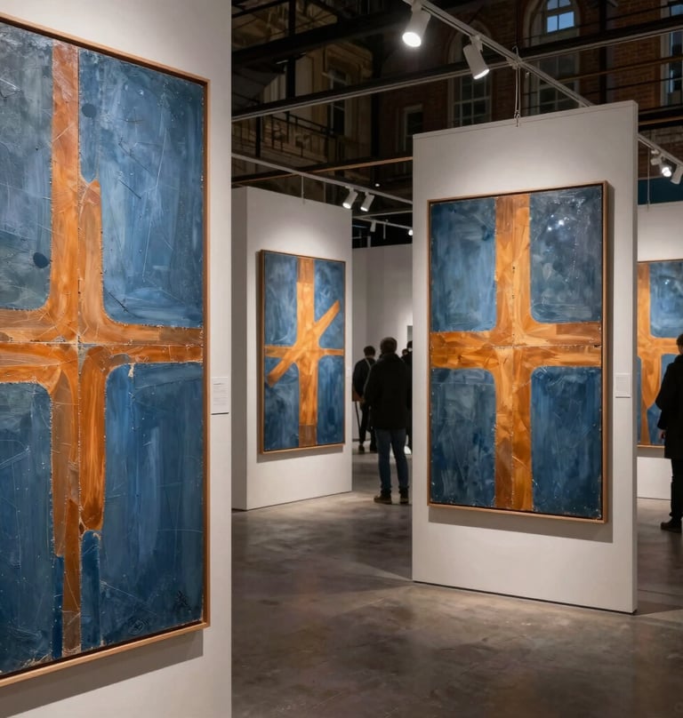 A sophisticated photograph of an art exhibition opening in a Northern European / Welsh / British urban space. Several large canvases featuring slate blue and warm ochre patterns are displayed. The lighting is focused and dramatic, highlighting the innovative and experimental nature of the artworks.