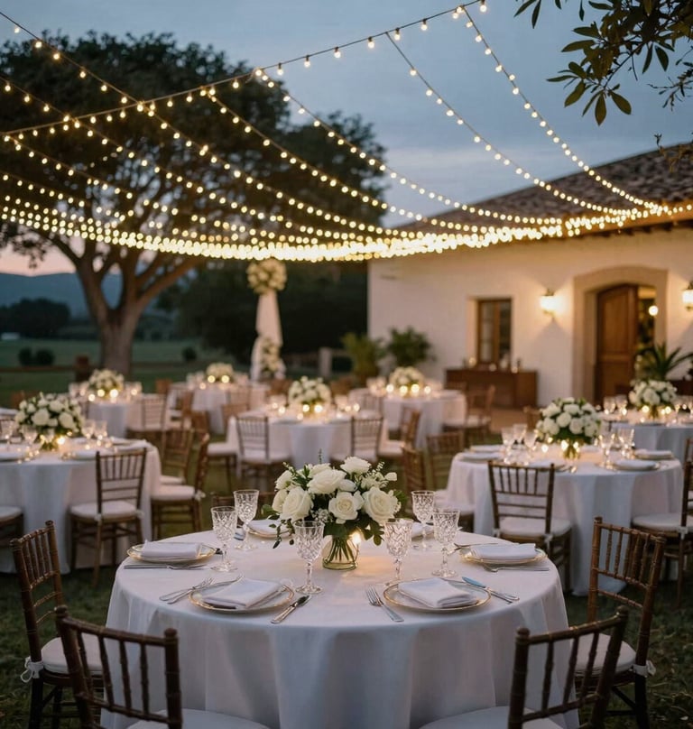 An expansive outdoor wedding reception scene under a canopy of fairy lights at dusk in a Hispanic / Spanish-speaking countryside setting, tables decorated with white roses and fine crystal, elegant and dreamy mood.