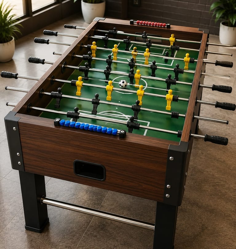 Professional wood grain foosball table with yellow and black players on a green pitch.