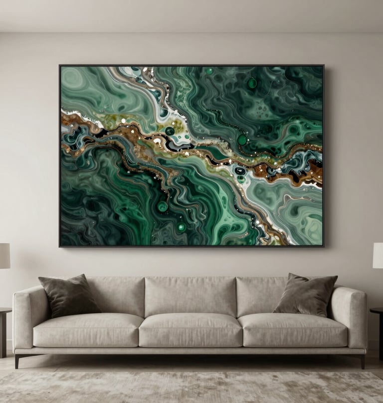 A wide-angle lifestyle shot of a modern International / Global living room. A large 'Liquid Flow' resin artwork hangs above a minimalist sofa. The room features neutral tones, with the deep forest green and sage green of the art piece providing a luxurious focal point.