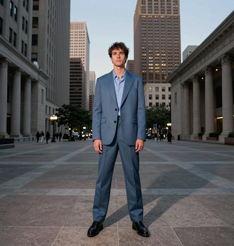 A wide shot of a North American / US city plaza at dusk. A figure in high-fashion streetwear—featuring shades of slate blue and muted blue—stands amidst the architecture, projecting a presence of cutting-edge creative leadership.