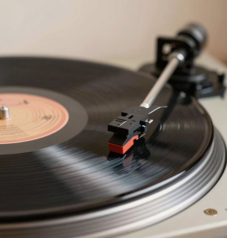 An atmospheric, close-up shot of a vinyl record playing on a turntable. The focus is sharp on the stylus touching the charcoal-colored grooves. The background is a soft blur of cream and tan, creating a professional and inviting aesthetic. International / Western style.