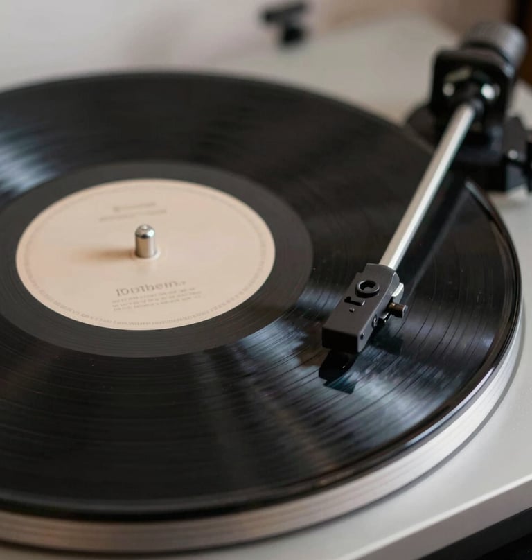 Macro shot of a high-fidelity vinyl record player. The spinning black record reflects the soft lights of a refined studio. A touch of sand color (#DDCBC0) is visible in the record label's elegant typography.